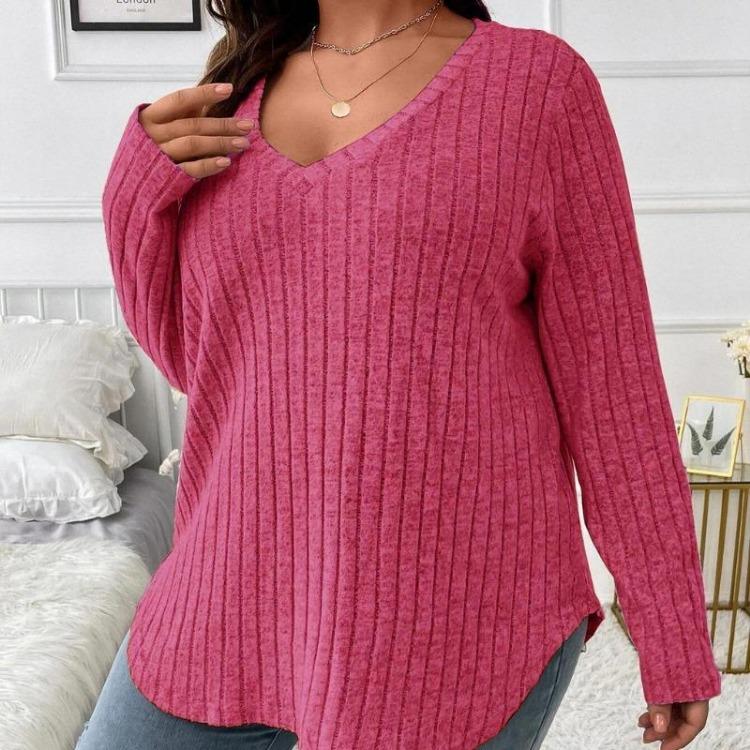 Women Plus Size Long Sleeve T-Shirt V Neck Striped Knitted Top Casual Loose Blouse Spring Solid Color Tops 5XL