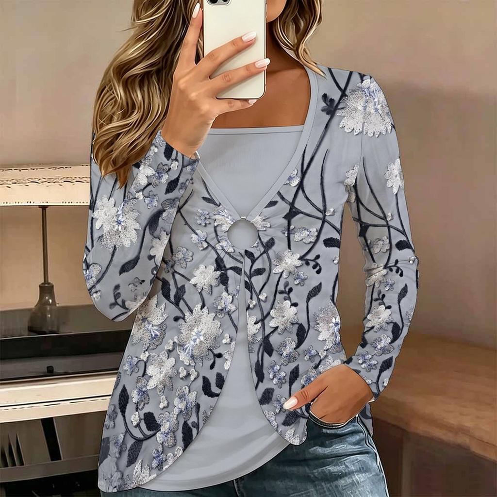 Tops for Women Floral Print Long Sleeve Fake Two‑Piece Top Fall Casual Slim Pullover Women's Long Sleeve Top