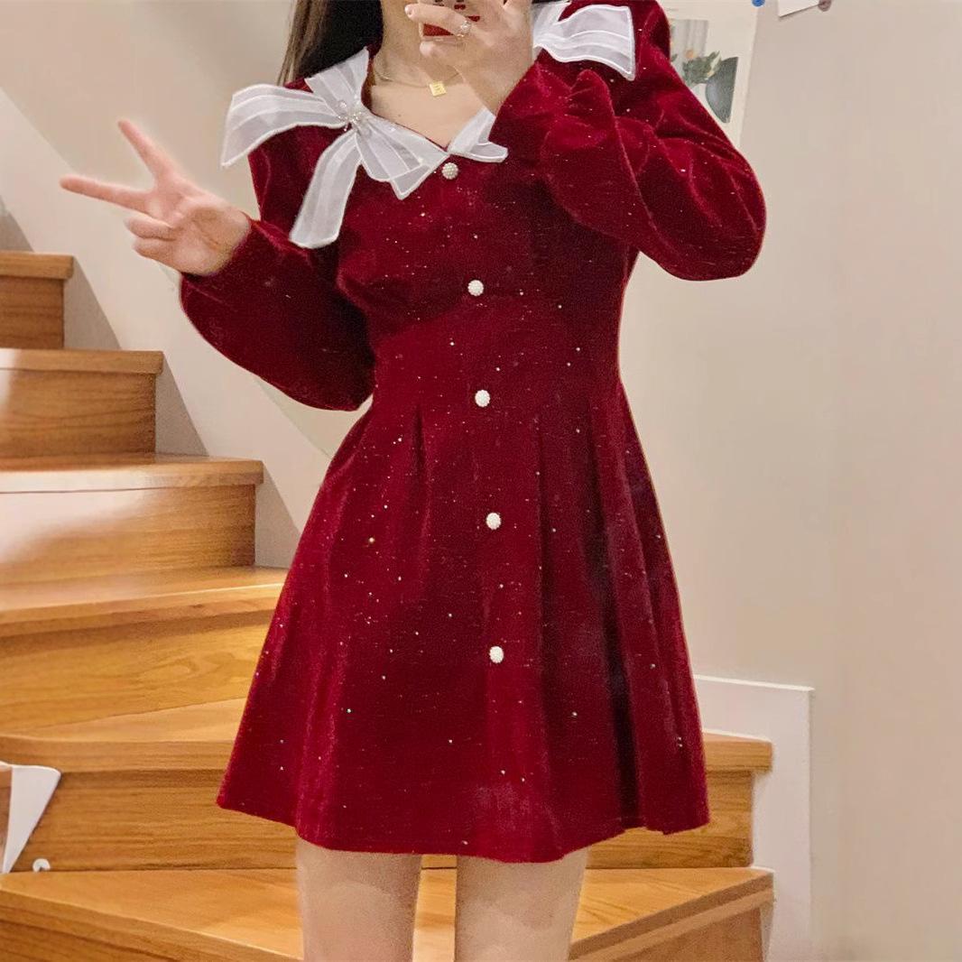 

Autumn/Winter 2024 Hepburn-Style Red Corduroy Bow Dress Extra Extra Large