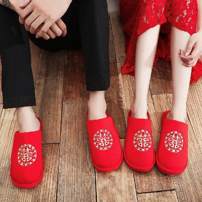 Wedding cotton slippers women's winter home indoor wedding warm plush non-slip soft sole festive big red couple cotton shoes