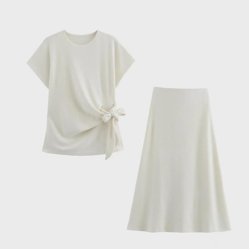 Women's Round Neck Knitted Top + A-Line Skirt Set
