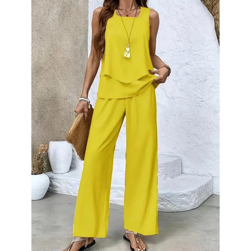 Women's Loose Fit Two Piece Outfit Sleeveless Tank Top High Waist Wide Leg Pants Set With 3D Abstract Print For Casual Summer Daily Wear