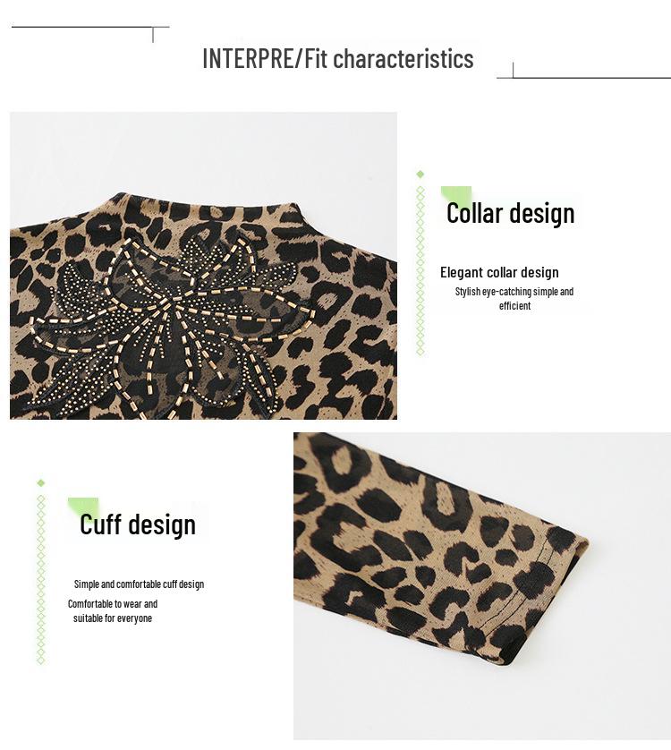 2024 European High-Neck Long-Sleeve Leopard Print Mesh T-Shirt with Hand-Beading - Women's Slim-Fit Trend