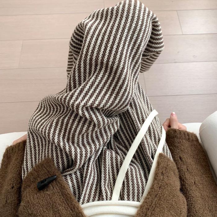 

Женские брюки палаццо из шерсти в тонкую полоску цвета хаки: Осень 2025 Ретро Прямые, Длиной до пола, Утепленные Повседневные брюки 2XL