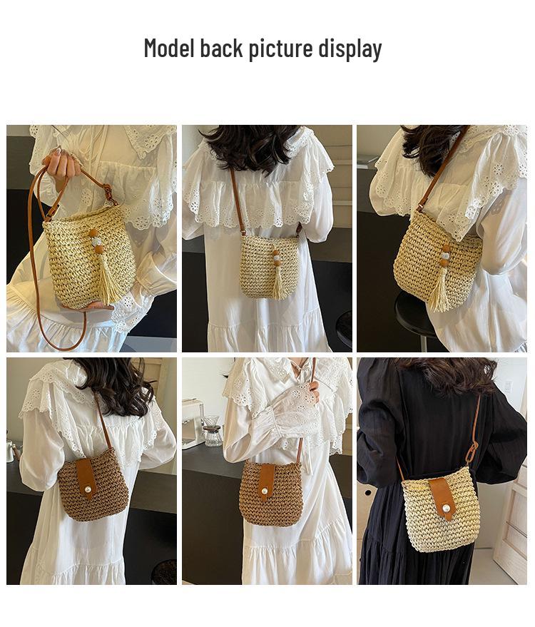 2025 Dam Populär Vävd Crossbody Hinkväska - Resa Strand Halm Axelväska för Sommaren