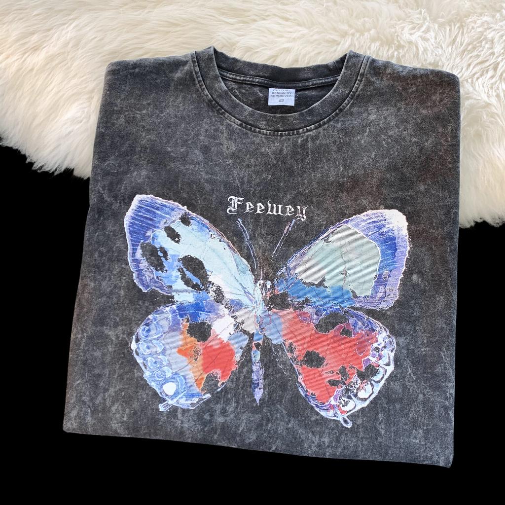 Washed Distressed Butterfly printTshirts  Streetwear Men T-shirt O-neck Oversized Short Sleeve Tops Casual Tee