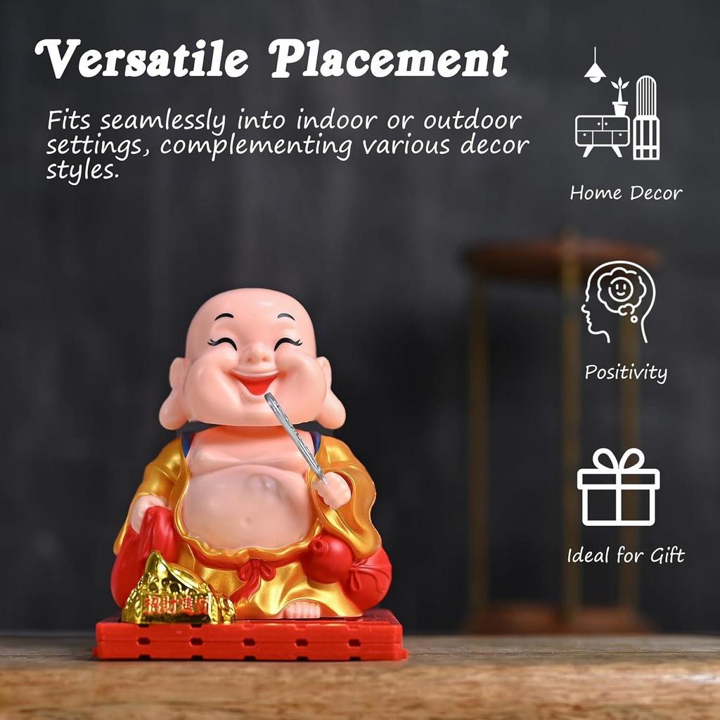 Car Dashboard Decoration Items – Solar Buddha Monk with Moving Head & Hand Holding Money Potli | Feng Shui Good Luck Buddha