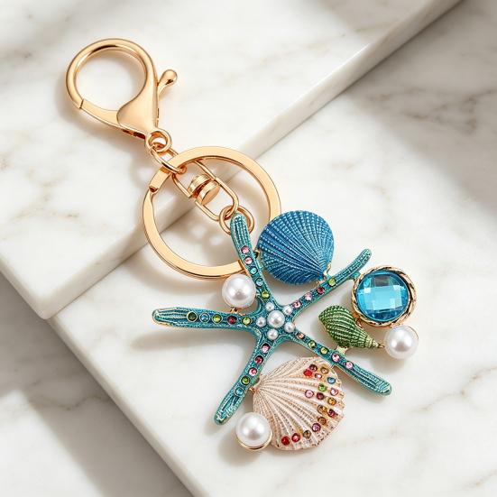 Keychain Pendant Ocean Style Starfish Shell Design Key Chain with Rhinestones Imitation Pearls Bags Backpacks Decorative Accessory