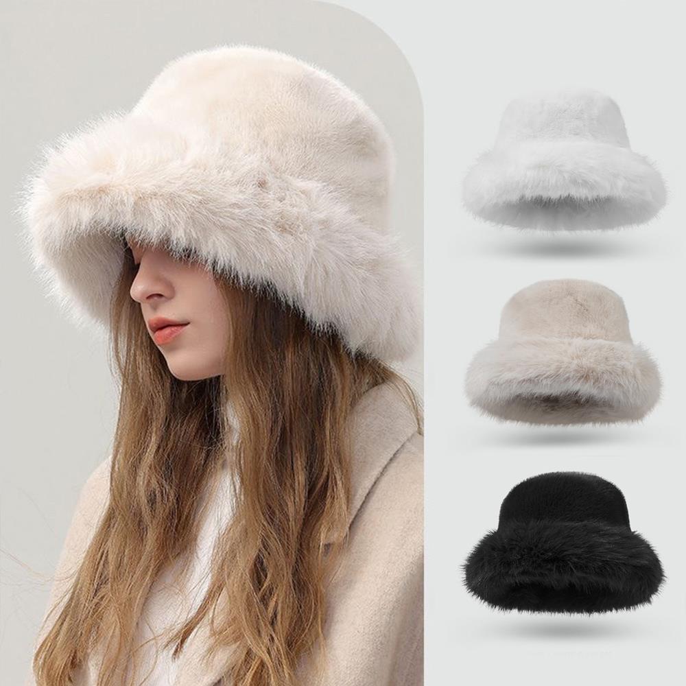 Fluffy Fur Bucket Hat For Women Plush Fisherman Hats Warm Women'S Winter Hat Thicken Cold Snowy Day Panama Cap Mongolia Caps