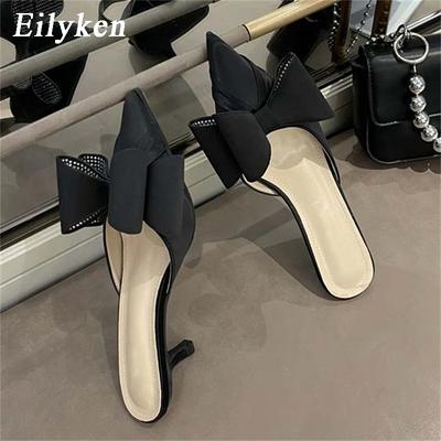 Fashion Eilyken Silk Satin Pointed Toe Women Slipper Fashion Butterfly-knot Shallow Slip On Ladies Mules Low High Slides Shoes