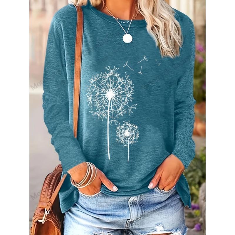 Floral Dandelion 3D Print Round Neck Long Sleeve T-shirts Fashion Casual Vintage Tops
