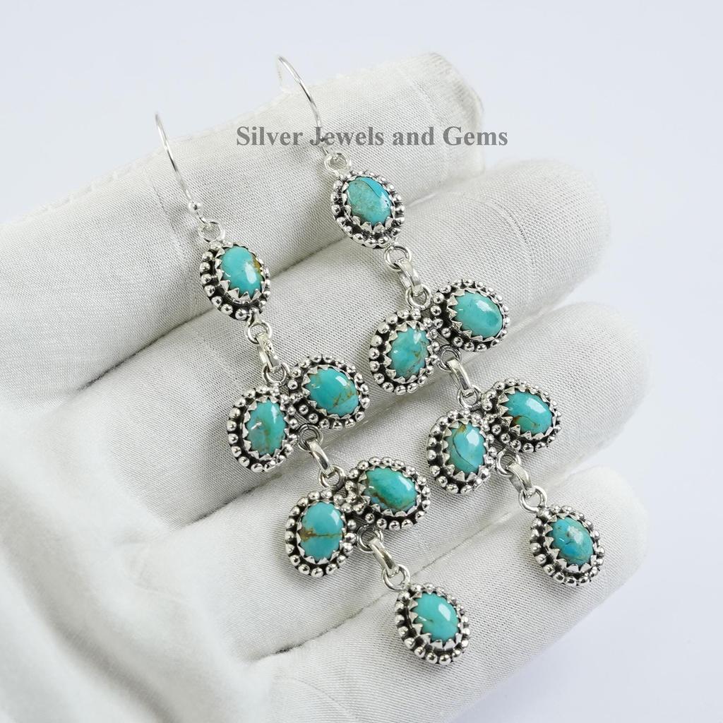 Natural Turquoise Long Earring, 925 Sterling Silver Earring, Kingman Turquoise Earrings, Wedding Earring, Statement Multi Stone Earring