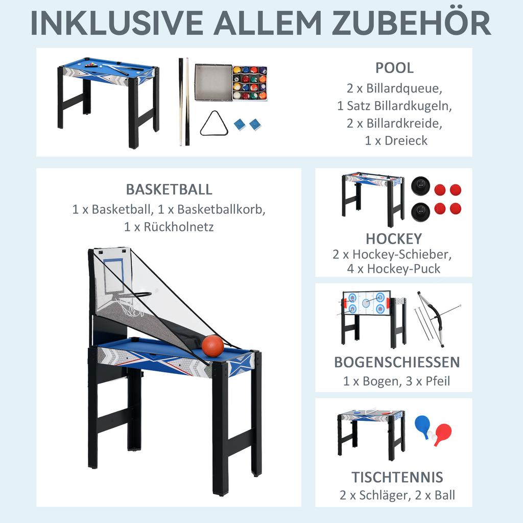 Tavolo Multi Giochi 5-in-1, con Biliardo, Tennis da Tavolo, Basket, Hockey, Tiro con l'Arco, Blu