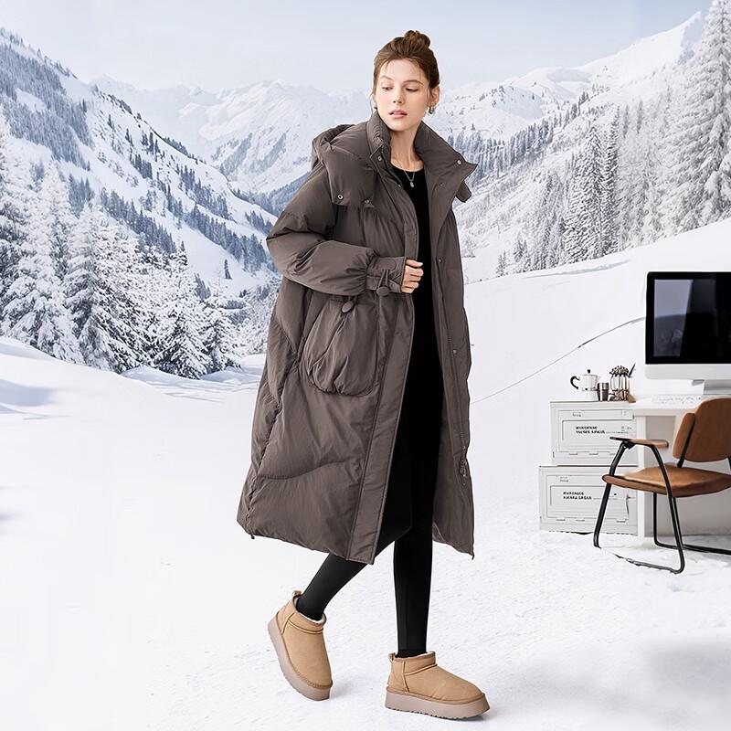 Damen Overknee Mittellang 90% Entendaunen Kapuzen-Pufferjacke