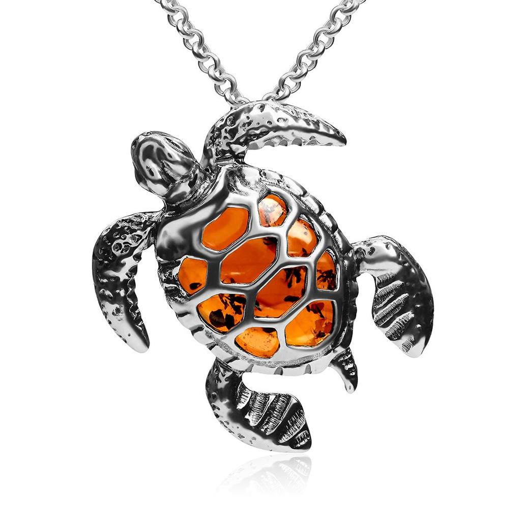 Amber sterling silver turtle pendant necklace chain 46 cm