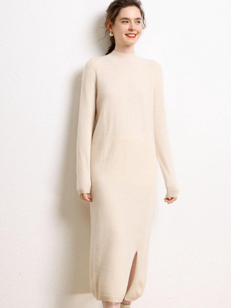 2025 Autumn/Winter Women's Slim Fit High Neck Cashmere Knit Long Sleeve Dress
