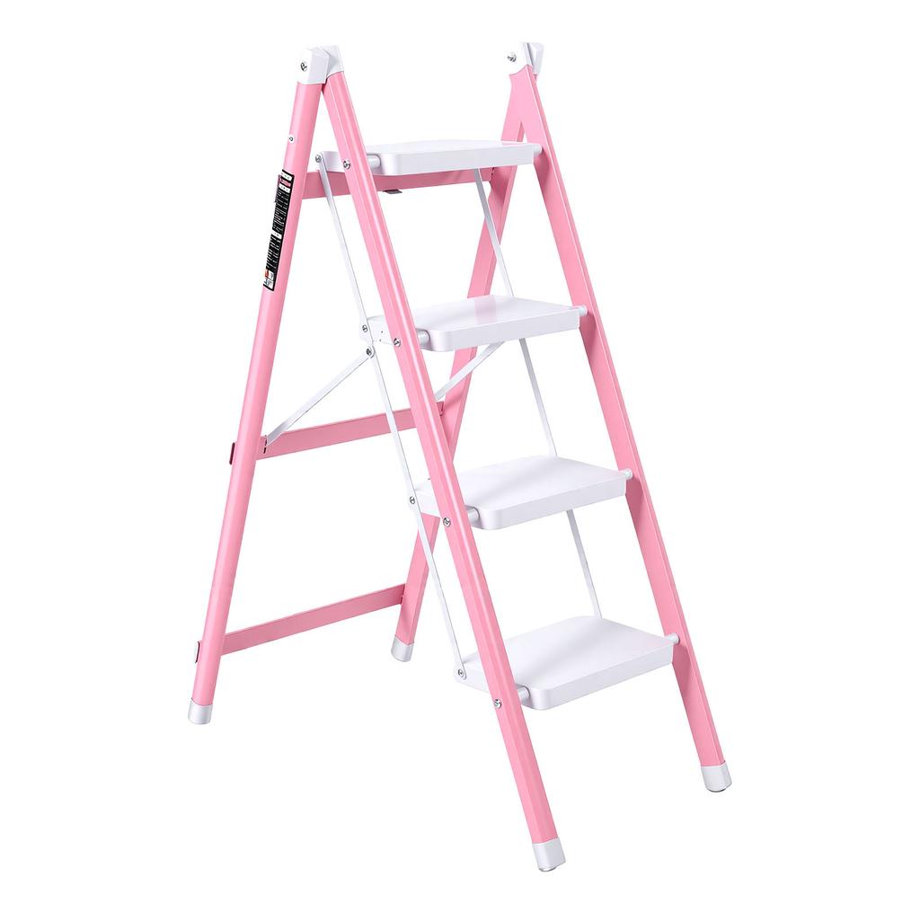 4 Step Ladder Non Slip Folding Step Stool Ladder Thickened Flower Stand for Kitchen Bedroom Office Pinkish White