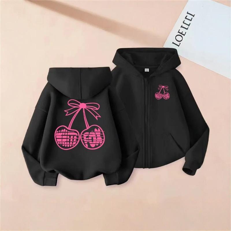 Cherry Print Zipper Hooded Women's Spring and Autumn Loose Back Large Pattern Cardigan Sweatshirt