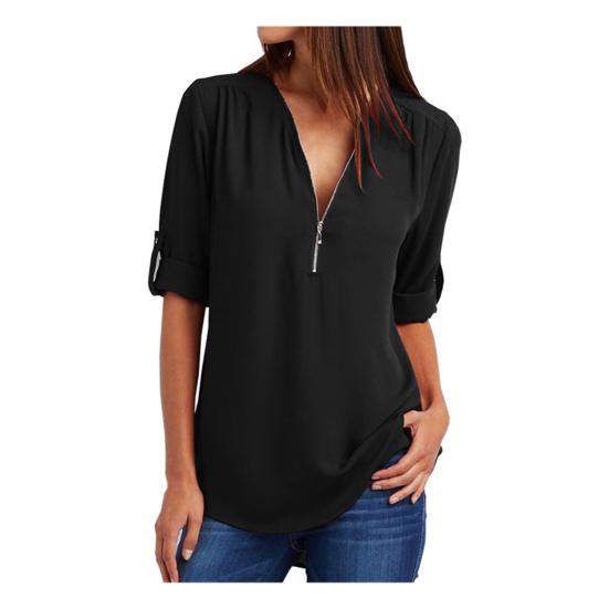 Ležérna dámska sexy blúzka jednofarebná na zips s výstrihom do V a polovičným rukávom