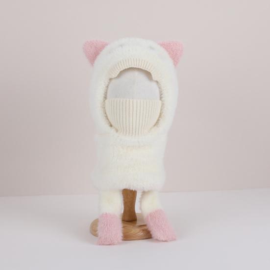 Kids Hat with Face Guard Scarf Plush Inner Lining Solid Color Bear Shape Warm Windproof Knit Hat Autumn Winter Outdoor Wear