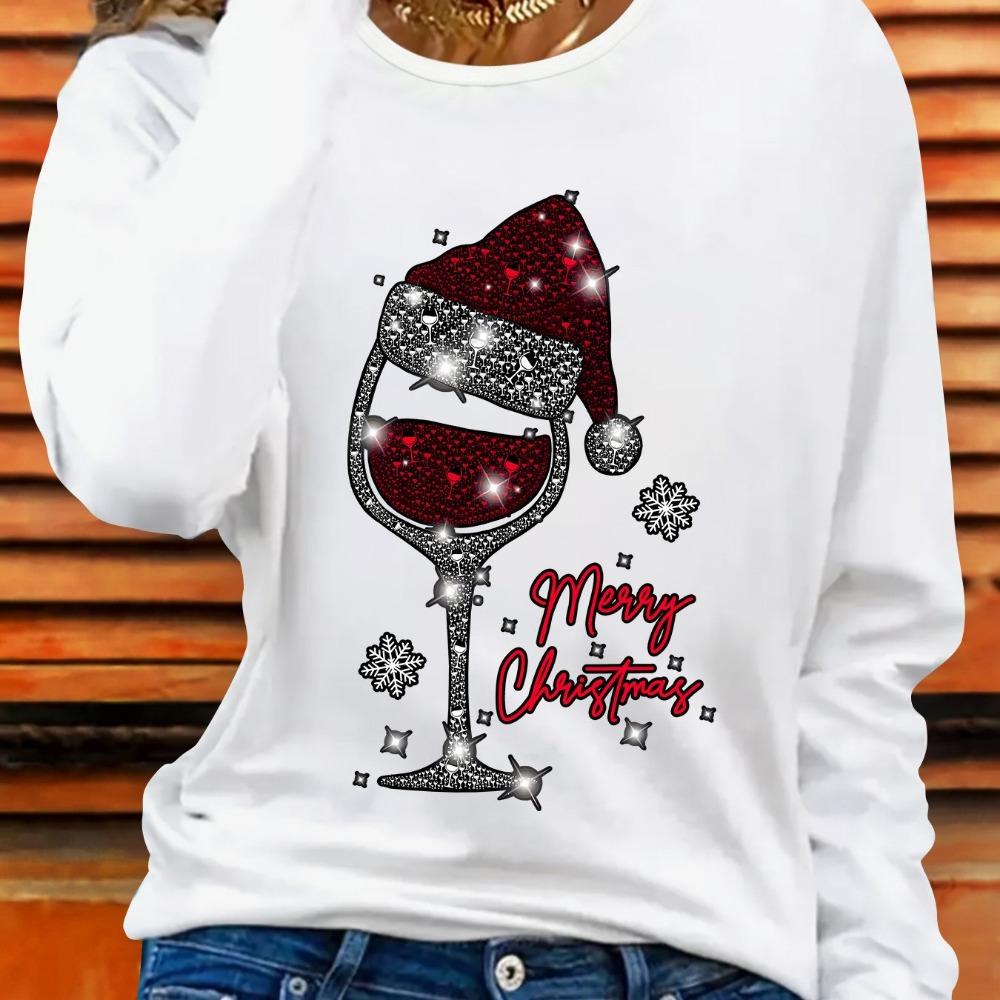 

Свитшот с принтом бокала для черного Рождества и шапки Санты - Сверкающий узор из снежинок и леденцов, топ с длинным рукавом XL
