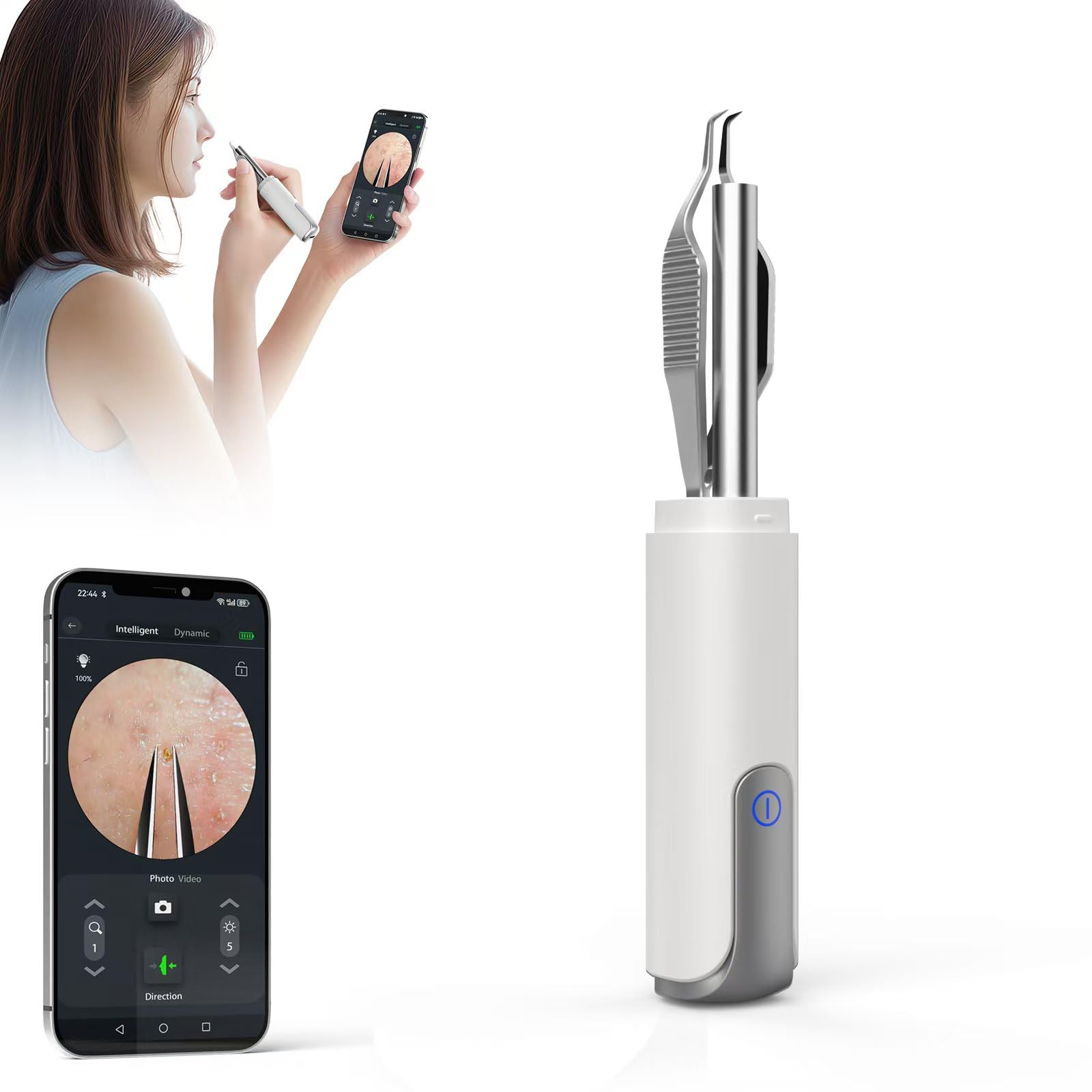 

пинцет с камерой для пор, черных точек, акне и клубничного носа. Умный беспроводной визуальный дисплей с увеличением. Прецизионная термообработанная забота, удаление,