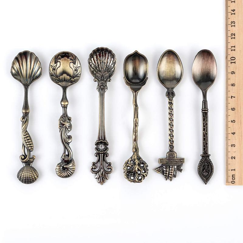 MR 5Pcs Vintage Royal Style Bronze Carved Small Coffee Spoon Kitchen Dining Bar Flatware Cutlery Mini Dessert Spoon For SnacK