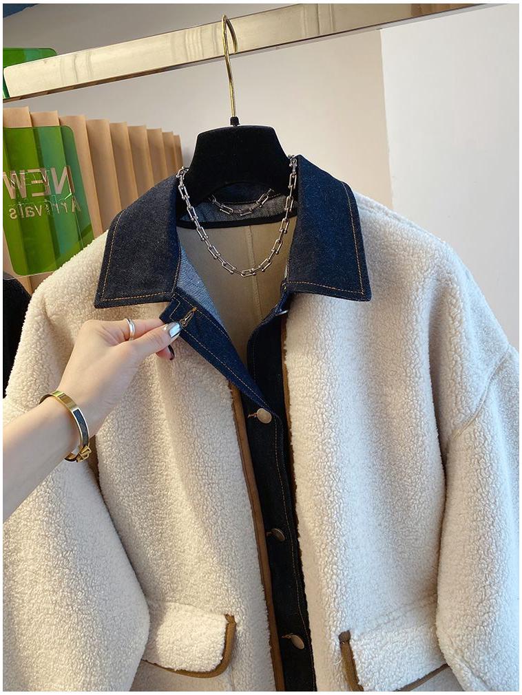 Women's Loose Fit Denim Patchwork Lambswool Jacket - Korean Style Autumn/Winter Plus Size Fur Top