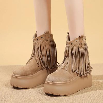 8CM Women Tassels High Heels Thick Platform Short Boots Chunky Leather Shoes Woman Autumn Winter Platform Motorcycle Boots Botas