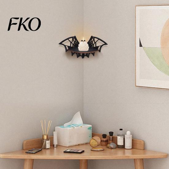 Decorative Wall Corner Mount Halloween Wooden Bat Shelf, Black Mounted Candle Holder Stand, Gothic Hanging Shelf Decor Display Rack for Home