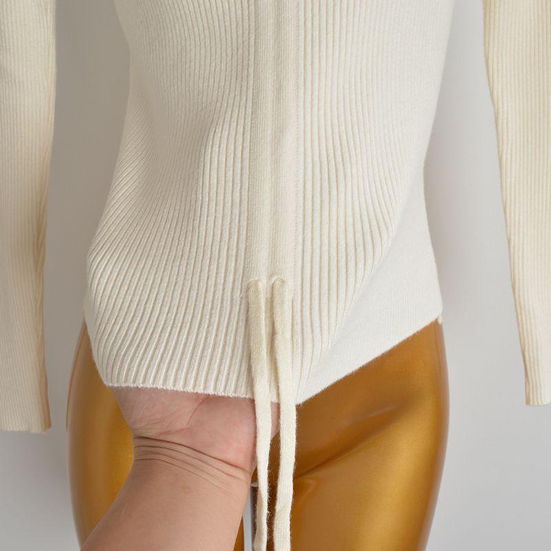 Spring & Fall Fashion Halter Hollow out V-neck Long Sleeves Bottoming Shirt for Women Stylish Slim Fit Drawstring Knitwear Easiest for Match Tops