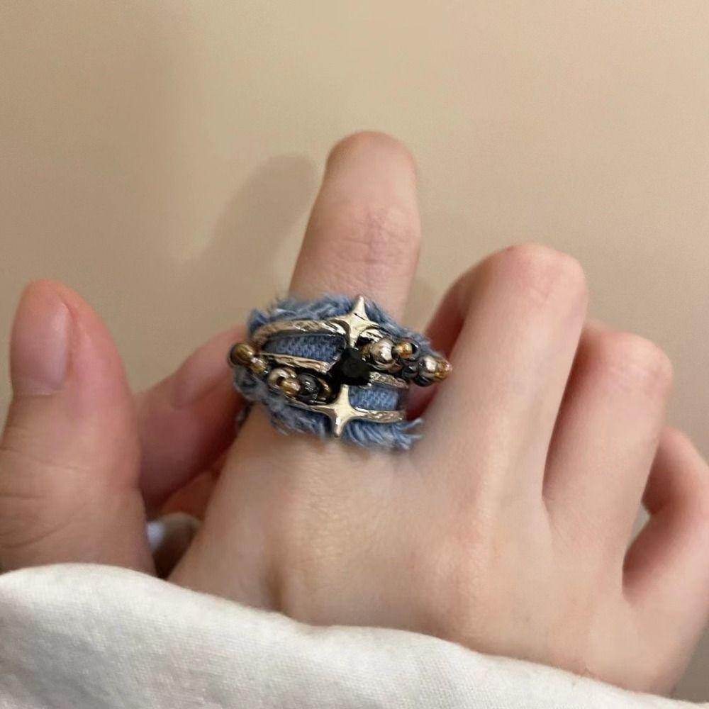 Three Layer Y2K Opening Rings Heart Metal Beaded Rings Fashion Denim Rings  Women
