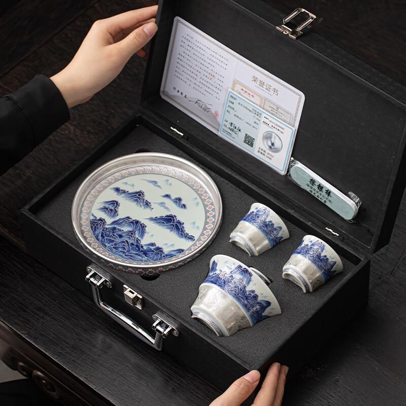 Master Zheng Wenqiang Gilded Silver Ceramic Gaiwan Tea Set