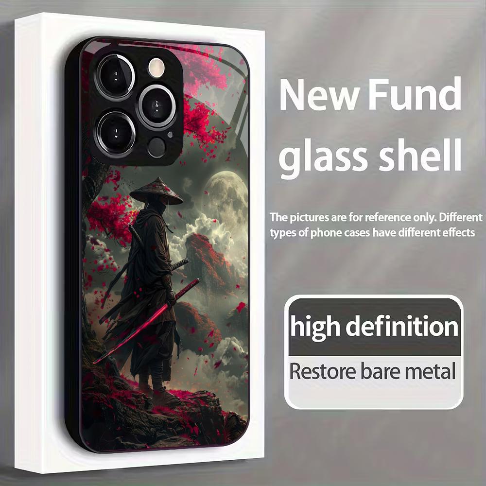 Sakura Warrior Muster gehärtetes Glas Handyhülle geeignet für iPhone 17 16 15 14 13 12 11 Pro/Max/Plus sturzsichere Rückabdeckung