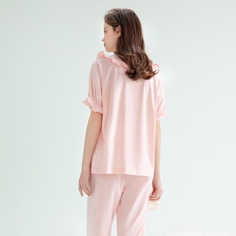 Fenteng 100% Pure Cotton Lace V-Neck Short-Sleeved Cropped Pants Home Suit Set Pajamas