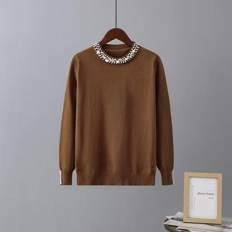 Spring and Autumn New Bead Crew Neck Knitted Sweater Slim-fit Versatile Bottom Sweater Top Women's