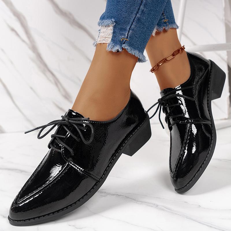 Black Patent Leather Shoes for Women Autumn Pointed Toe Lace Up Dress Shoes Woman Shallow Mouth Low Heels Loafers Plus Size