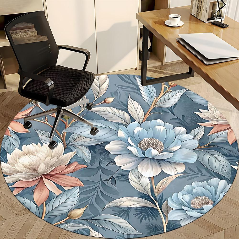 1PCFloral Pattern Office Round Area Rug,  Mat Suitable For Office, Under Office Chairs Bedroom Living Room Home Decor, Room Deco
