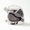 Morita MiW Gusseted Pouch, featuring a smiling riverside cormorant. Ivory. A charming, round shape. Made of thick, tightly woven fabric with a