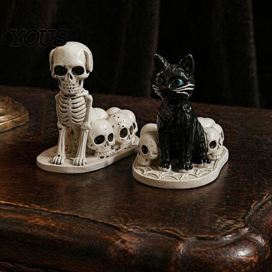 Durable Desktop Statue for Halloween Dog/Cat Skull Figurine, Resin Gothic Animal Haunted House Theme Accessory Desk Fireplace, Spooky Home Tabletop