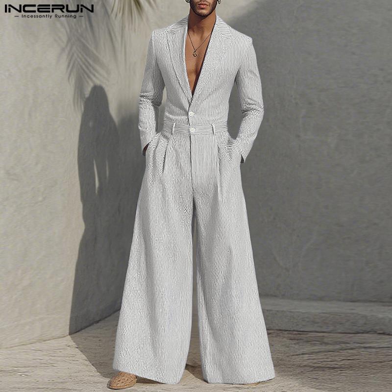 INCERUN Oversized Men Lapel Neck Long Sleeve Striped Loose Long Rompers Jumpsuits