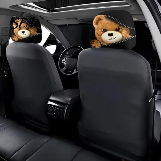 Cartoon Graphic Headrest Protectors Zipper Bear Car Cover, 2D Flat Print Cute Seat Humorous Accessories Protector, Universal Breathable Auto Interior