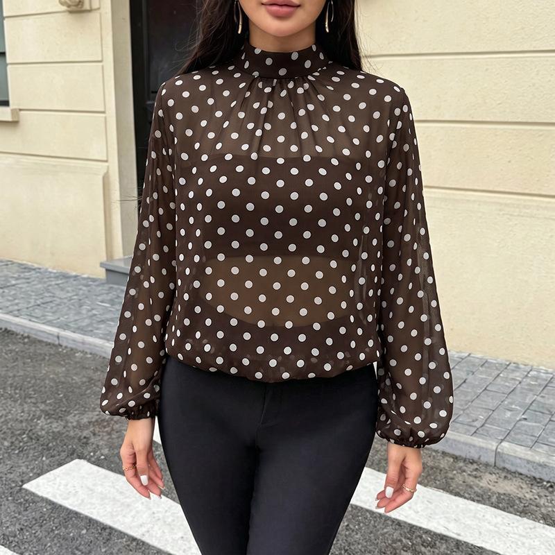Light and Mature Style Blouse, New Autumn Style, See-through, Retro Polka Dot, Chiffon Long-sleeved Shirt for Women