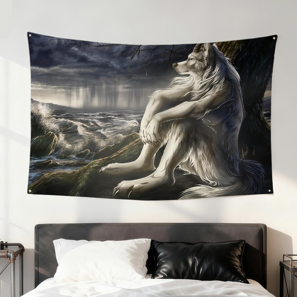 Emo Meme Gotischer Werwolf Weißer Wolf Sitzend Fahne Zimmer Wohnheim Camping Party Zuhause Garage Wohnzimmer Nachttisch Wanddekor Banner Geschenk