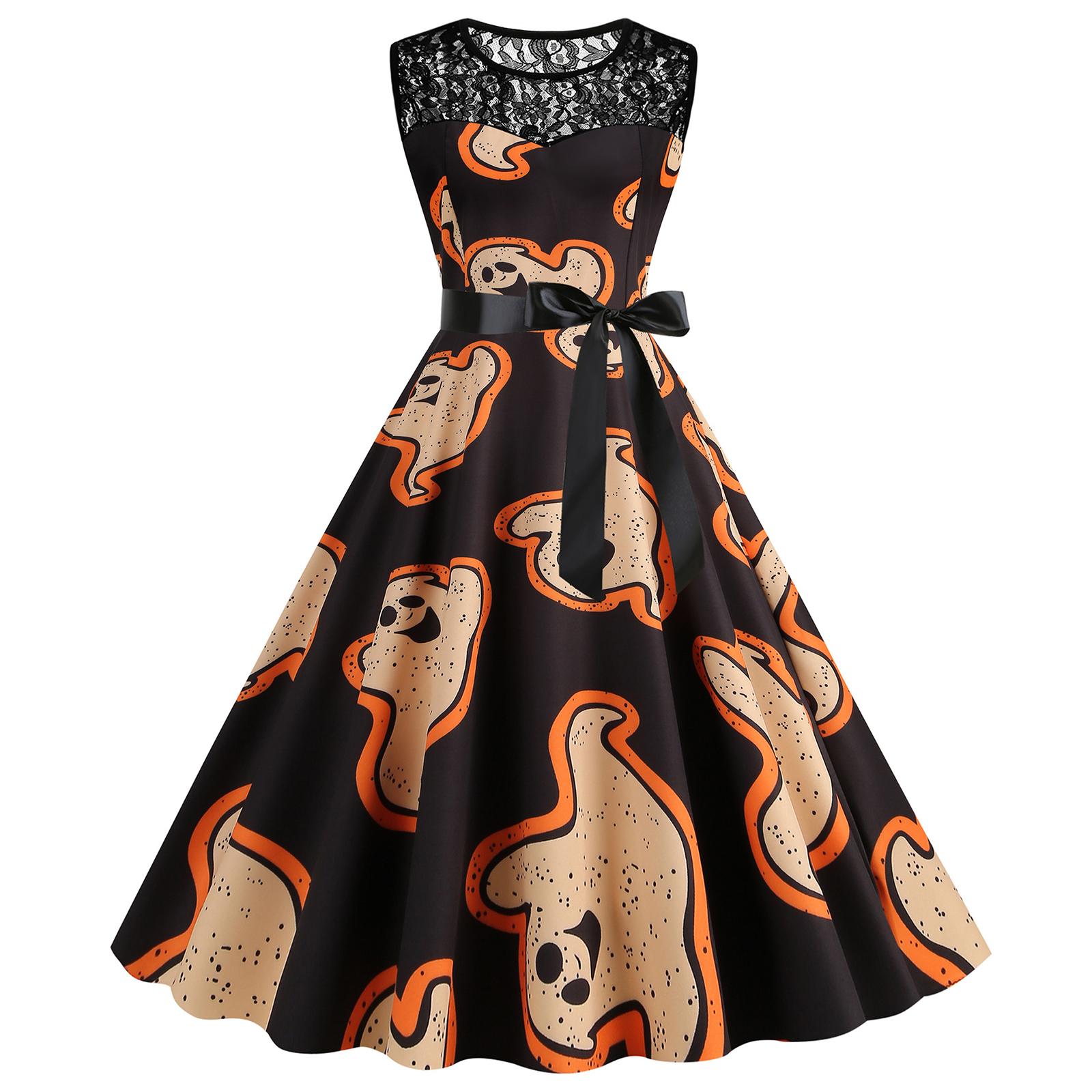 

Women s Hepburn-Style Retro Lace Round Neck Sleeveless Halloween Printed Dress XL