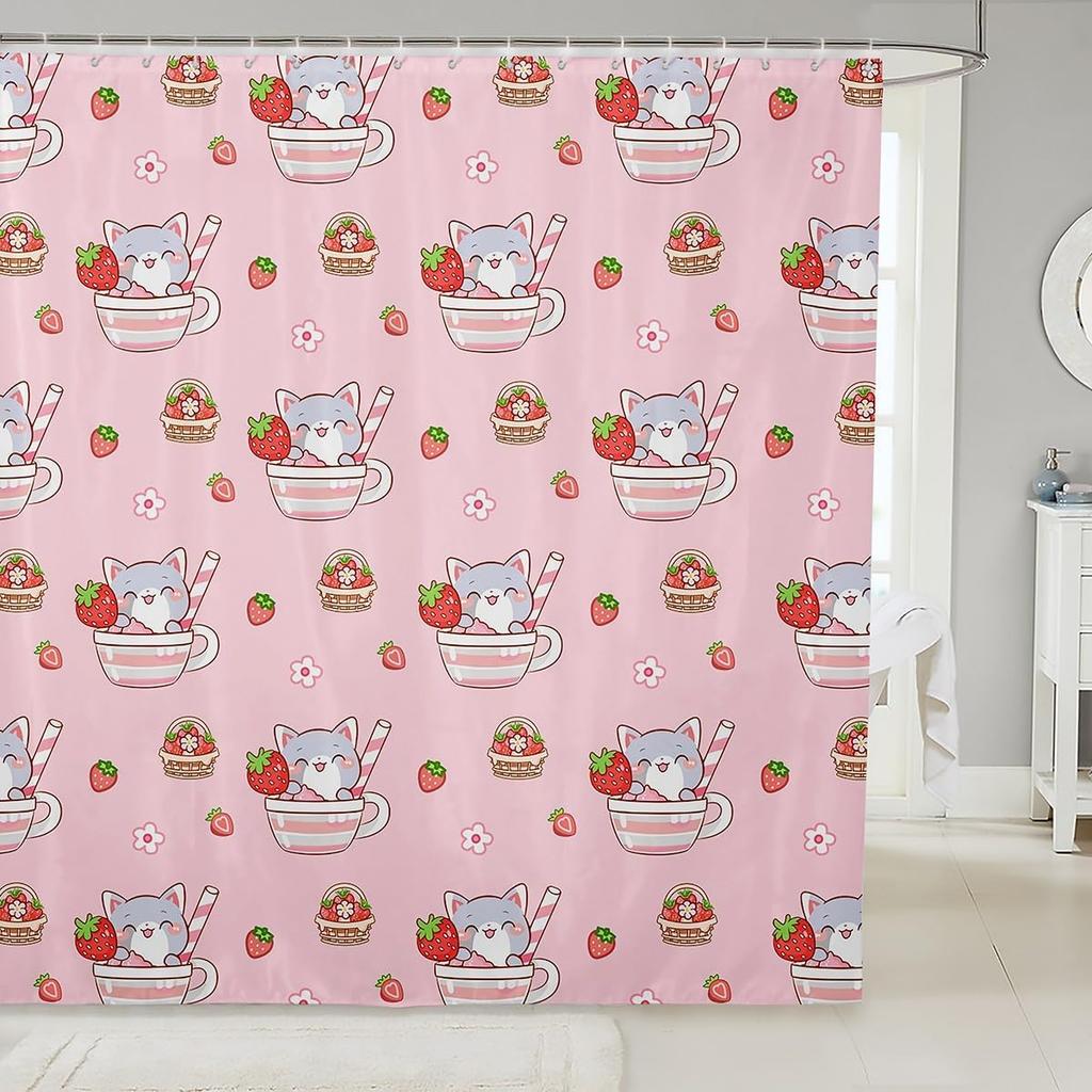 Kawaii Cat Shower Curtains,Cute Pets Animal Bathroom Curtain Girls Boys Teens Adult Room Decor,Pink Bowknot Heart Waterproof