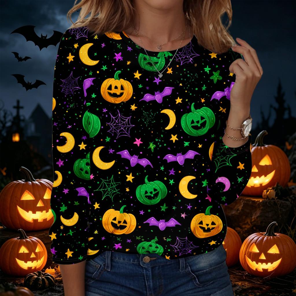 Women's Halloween Printed Pullover Sweatshirt Long Sleeve Crew Neck Top Casual Lightweight Soft Fabric Comfortable Fit