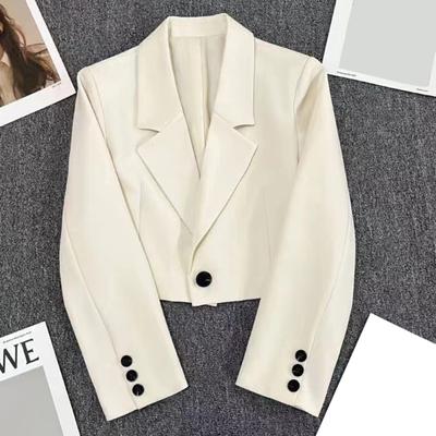 Terno feminino, casaco, lapela, manga comprida, curto, jaqueta, cor sólida, casual, estilo de viagem, terno