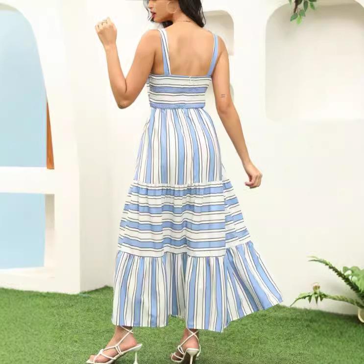 European and American New Women's Clothing Shoulder Strap Sleeveless Suspender Striped Layered Long Halter Dress