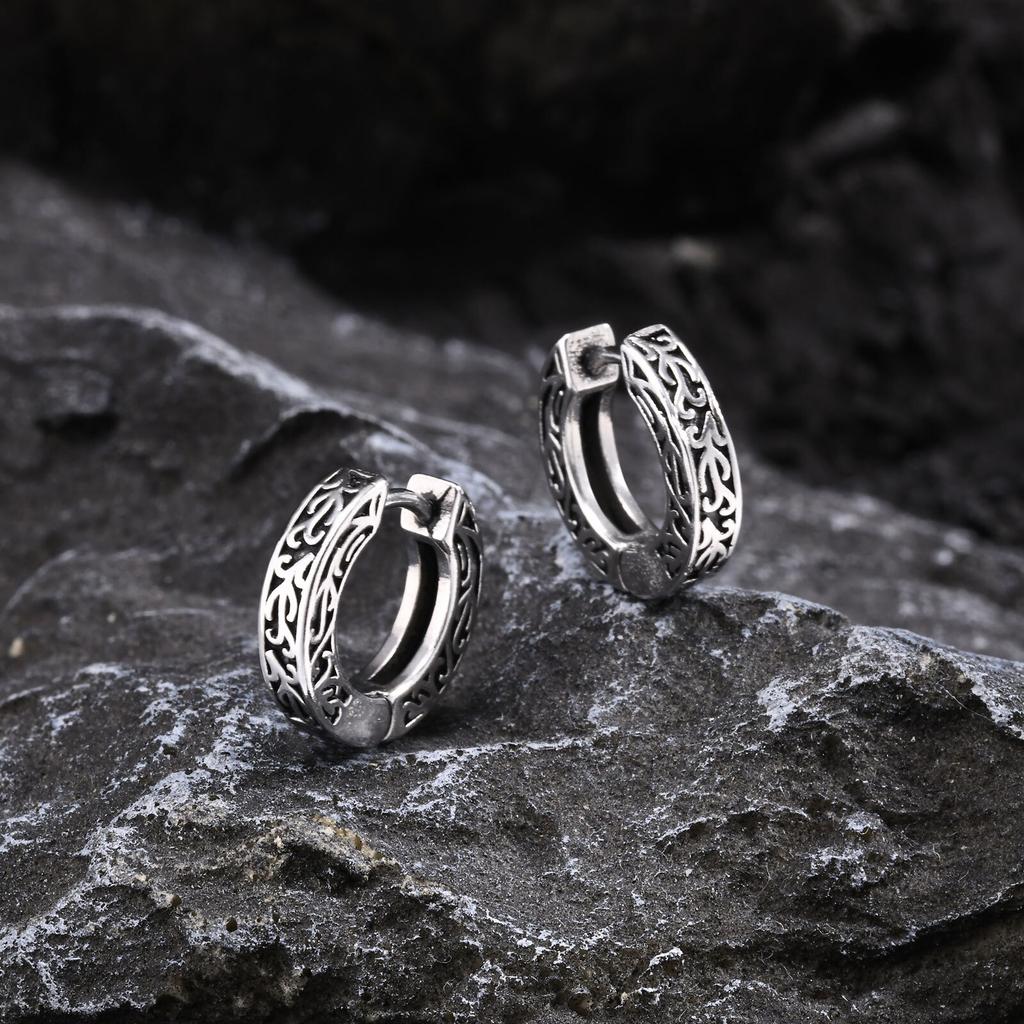 Vintage Vine Hoop Earrings for Men Boys,Waterproof Silver Color Huggies Earrings,Trendy Hip Hop Rock Cool Jewelry Accessories
